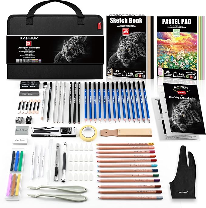 KALOUR 95-Piece Sketching and Drawing Art Set with 3-color Sketch Book and Pastel Paper – Graphite, Charcoal, and Pastel Pencils – Complete Artist Kit for Beginners and Professionals