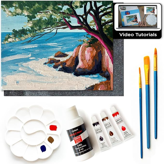 Painting4Real DIY Art Painting Kit for Adults – Learn to Paint Cliffside Pines with Video Tutorials – 9 Pieces Acrylic Paint Set for Adults –Perfect Christmas Crafts & Holiday Gifts for Art Lovers