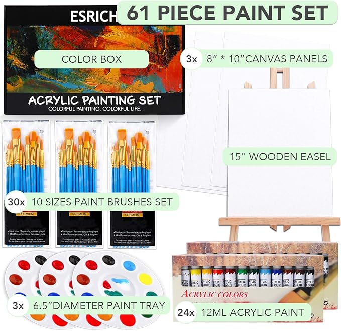 ESRICH Acrylic Paint Set,Painting Supplies with 2 PCS of 12 Colors Acrylic Paint,1 Easel 3 Canvas 30 Paintbrushes and 3 Palettes, Paint Kit for Kids,Students, Artists and Beginner