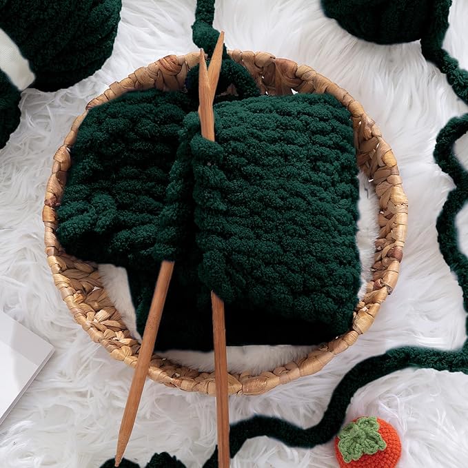 HOMBYS Dark Green Chunky Chenille Yarn for Hand Knitting,Fluffy Soft Jumbo Yarn Crocheting,Super Bulky Big Yarn for Chunky Blanket,Large Thick Arm Knitting Yarn,8 Pack Plush Yarn