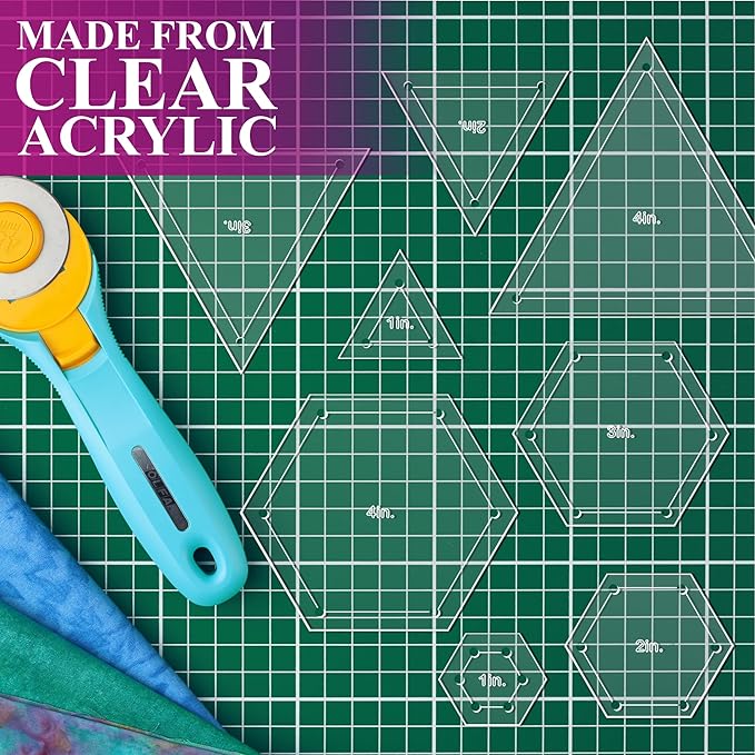 Quilting Acrylic Template Set | Precision Tools for Quilting Enthusiasts | Hexagon & Triangle Design | Includes Sizes 4", 3", 2", 1" | 1/8 Clear Acrylic | 1/4" Seam Allowance for Accuracy