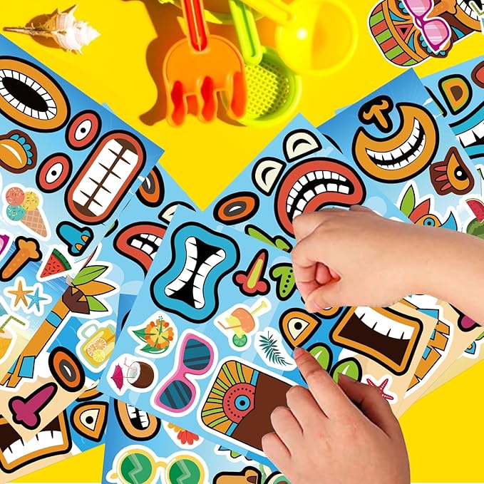 24 Sheets Summer Stickers, Make a Tiki Face Sticker, Tropical Hawaiian Stickers Make Your Own Tiki Sticker for Kids Summer Luau Party Favors Decoration