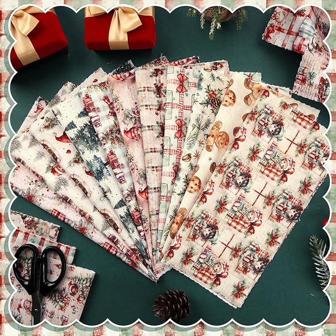 Oudain 60 Pcs 10 x 10 Inch Vintage Christmas Quilting Fabric Squares Christmas Gingerbread Man Fat Patchwork Precut Strips Gift Boxes Fabric Bundles for Xmas DIY Craft Sewing Handmade Materials