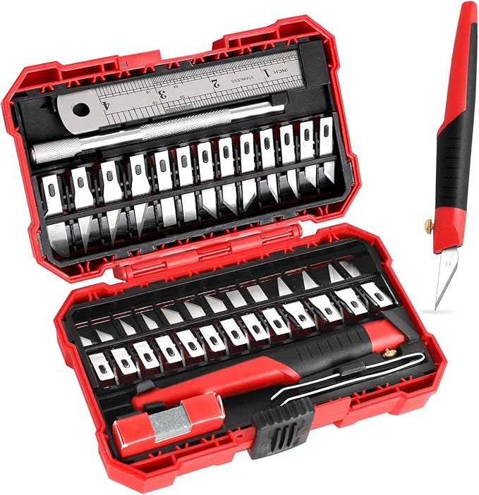 FASTPRO 31-Piece Precision Hobby Knife Set, Craft Knives with 26pcs Blades, Exacto Knife Set Included Tweezers, Grindstone, Steel Ruler and Storage Case, for Art Work, Scrapbooking, Stencil, Modeling