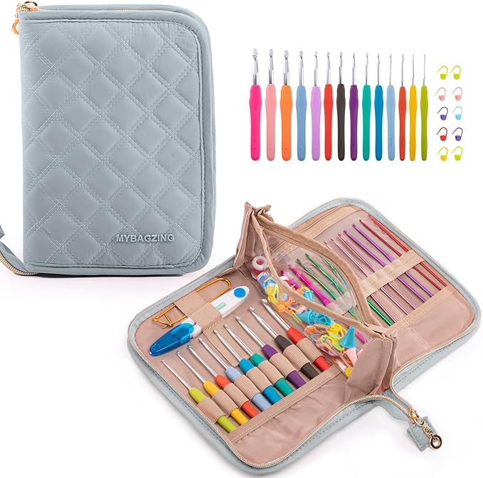 MYBAGZING Crochet Hook Set with Storage Case – 14 Ergonomic Crochet Hooks(2mm(B)-10mm(N), 10 Stitch Markers, Crochet Organizer for Crochet Needles, Accessories, and Supplies