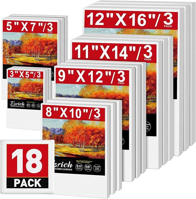 ESRICH Stretched Canvas for Painting,18 Multi Pack Blank Canvases for Painting 12x16, 11x14, 9x12, 8x10, 5x7, 3x5, Cotton Primed Painting Canvas for Oil, Acrylic Paint, for Beginners, Artists.