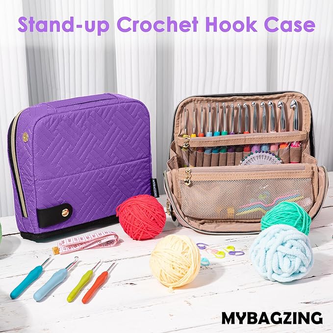 MYBAGZING Crochet Hook Case with 14 Size Crochet Hooks Set 2mm(B)-10mm(N) Ergonomic Crochet Hooks with Crochet Case Stand Up - Crochet Hook Organize for Crochet Lovers, Crochet Kit for Beginners