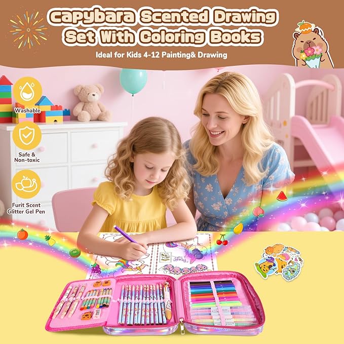 73PCS Capybara Washable Markers Set with Glitter Pencil Case,Art Supplies and Craft for Girls Ages 4-6-8,Kids Coloring Drawing Kit with Marker,Colored Pencil,Crayon,Gel Pen,Birthday Gift Toys for Girl