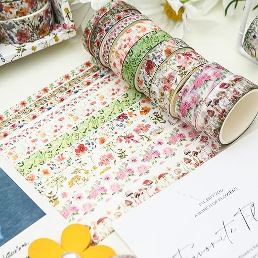 18 Rolls Seasons Flowers Washi Tape Set Floral Arts Adhesive Tapes Blooming Garden Decorative Masking Tape Sets for Craft, Kids, Scrapbook, DIY, Gift Wrapping (Spring)