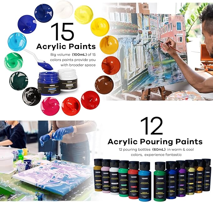 VISWIN Acrylic Paint Set with French Easel, Professional Painting Kit with Acrylic, Pouring Paints, Brushes, Canvas, Art Supplies, Art Set for Adults, Artists, Beginners