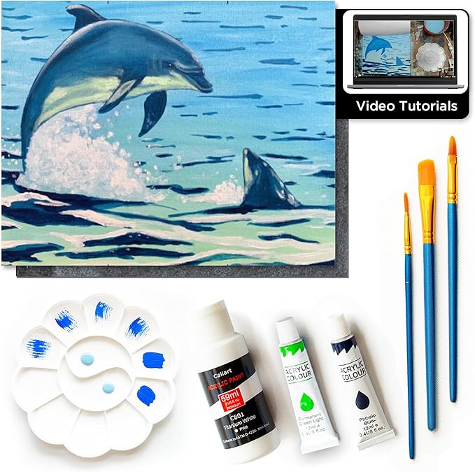 DIY Art Painting Kit for Adults – Learn to Paint Dolphins with Video Tutorials – 9 Pieces Acrylic Paint Set for Adults –Perfect Christmas Crafts & Holiday Gifts for Art Lovers