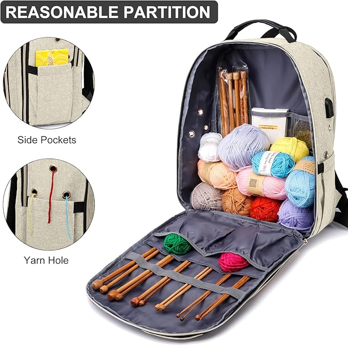 Knitting Bag Backpack, Crochet Bag Tote, Large Storage Tote with USB Charging Port, Yarn Holder Case for Carrying Projects, Needles, Supplies, Beige