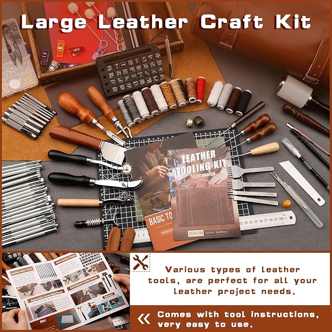 TLKKUE Leather Tooling Kit Leather Craft Tools Leatherworking Kit with Custom Handbag Cutting Mats Engraving Punching Sewing Stamping Sanding Tools for Handicraft Work Professional