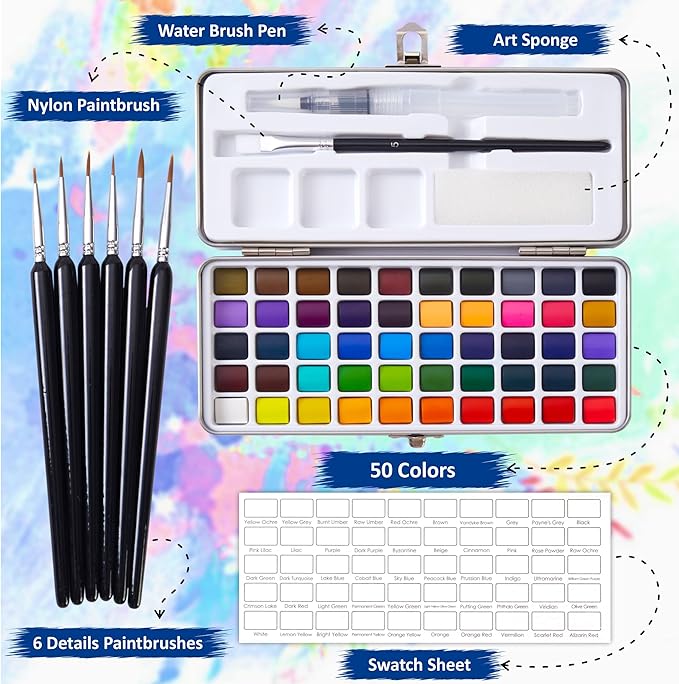 Professional Watercolor Paint Set – 50 Brilliant Colors, 6 Detail Brushes, Water Brush Pen, Swatch Sheet, Sponge & Metal Case – Portable Non-Toxic Colors with ASTM D-4236 Certificate, Kit for Adults, Artists & Students