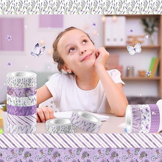 Lavender Washi Tape 12 Rolls Lavender Tape Masking Decorative Purple Flower Washi Tape for DIY Craft Gift Wrapping Handbook Sticker Scrapbook Journaling Party Favor