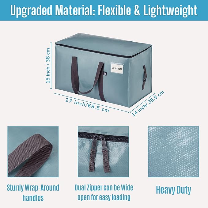 VENO 2 Pack Moving Bags, Upgraded Heavy Duty, Moving Boxes Alternative, Packing Storage Supplies for Dorm Room Essentials with Zipper for Clothes, Large Totes for Packaging (Light Blue, 2 Pack)