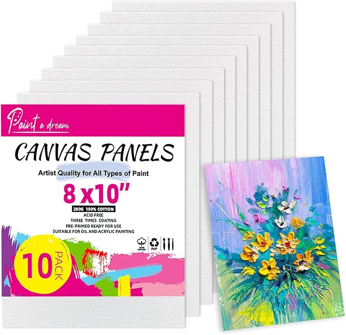 Canvas Boards for Painting - 8x10 10-Pack Bulk Canvas Panels Value Pack - 10 oz Primed Acid-Free 100% Cotton Canvas for Painting, Ready to Paint & Lightweight, Ideal for Acrylic, Oil Paint