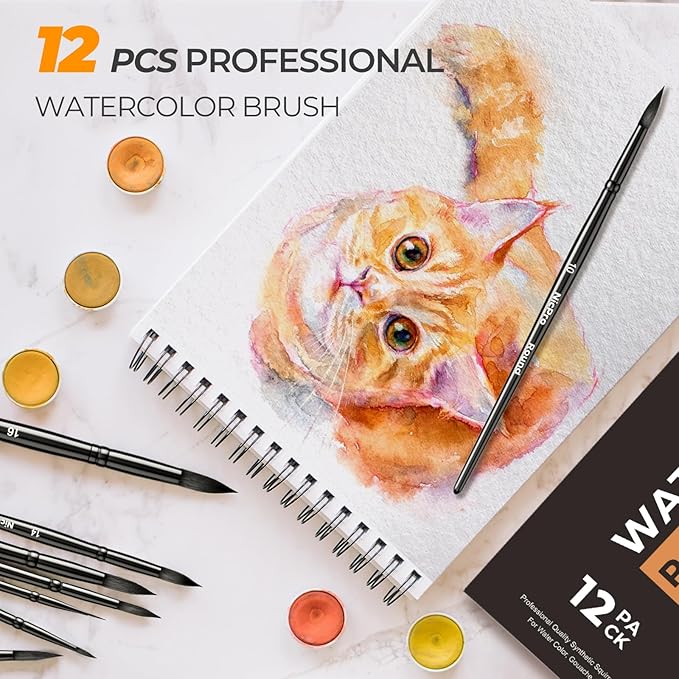 Nicpro 12pcs Watercolor Paint Brushes, Round Pointed Tip Paint Brush Set, Professional Soft Synthetic Squirrel Paint Brushes, Artist Painting Brushes for Watercolor, Inks, Gouache, Acrylic, Oil