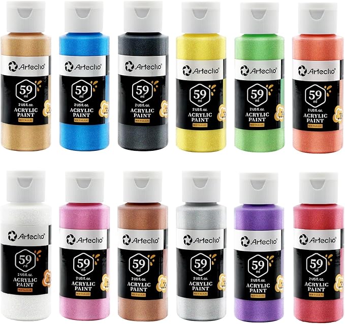 Artecho Acrylic Paint Set, 12 Metallic Colors Bottles (59ml / 2oz) Art Craft Paints for Canvas, Rock, Stone, Wood, Fabric, Art Supplies