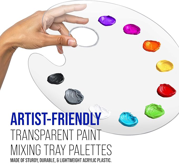 U.S. Art Supply 9" x 11.8" Clear Oval-Shaped Acrylic Painting Palette (Pack of 2) - Transparent Plastic Artist Paint Color Mixing Trays - Non-Stick, Easy Clean, Mix Acrylic, Oil