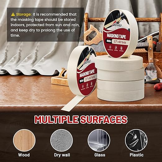 RED WOLF 1.41" x 60 Yards Masking Tape 3 Pack, General Purpose for Painting Arts Crafts Label Car Painting, Sharp Paint Line No Residue Painters Tape White Beige Crepe Paper Tape Heat Resistance