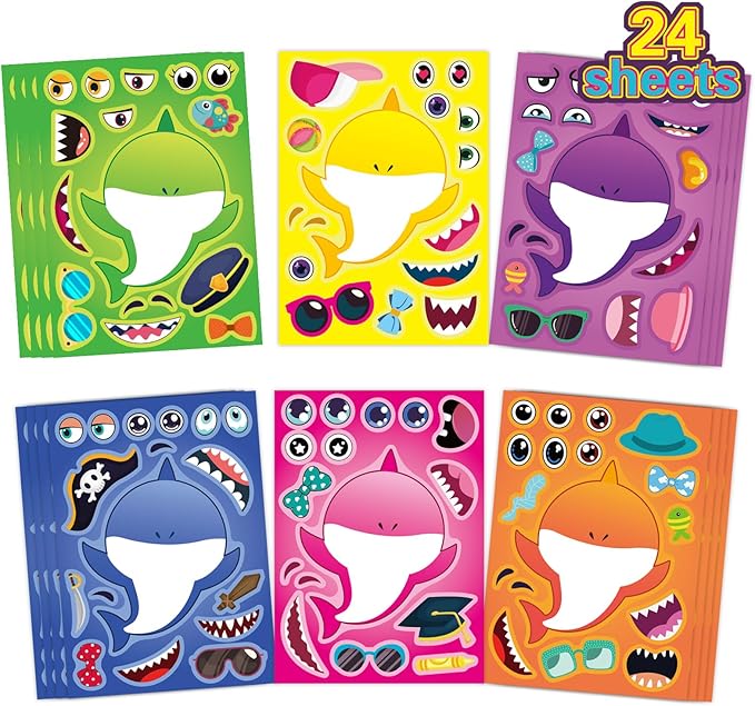24 Sheets Make a Shark Stickers for Kids, Ocean Animals Arts and Crafts, Make Your Own Sea Animal Sticker for Party Favors, Summer Stickers for Kids Classroom Activities Teacher Reward