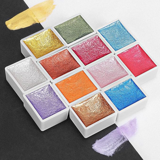 Emooqi Watercolor Paints Set, Metallic Glitter Watercolour Solid Paint Include 12 Metallic Glitter Color 2 Water Brushes 2 Color Card Storage Bag, Ideal for Illustrations Painting.