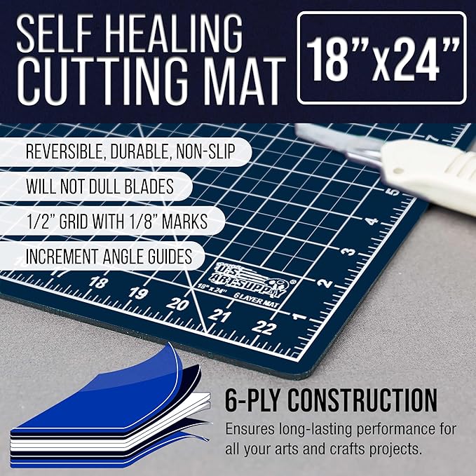 U.S. Art Supply 18" x 24" Self-Healing Cutting Mat 5-Ply - Double-Sided White/Blue Craft Mat, Non-Slip Cutting Mats for Crafts, Sewing, Quilting, Scrapbooking