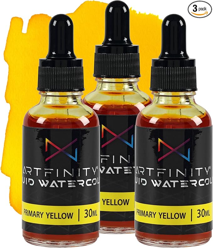Liquid Watercolor Paint 30 ml Bottle - 3 Pack, Primary Yellow - Vibrant Dye-Based Liquid Watercolor w/Glass Pipette, Fast