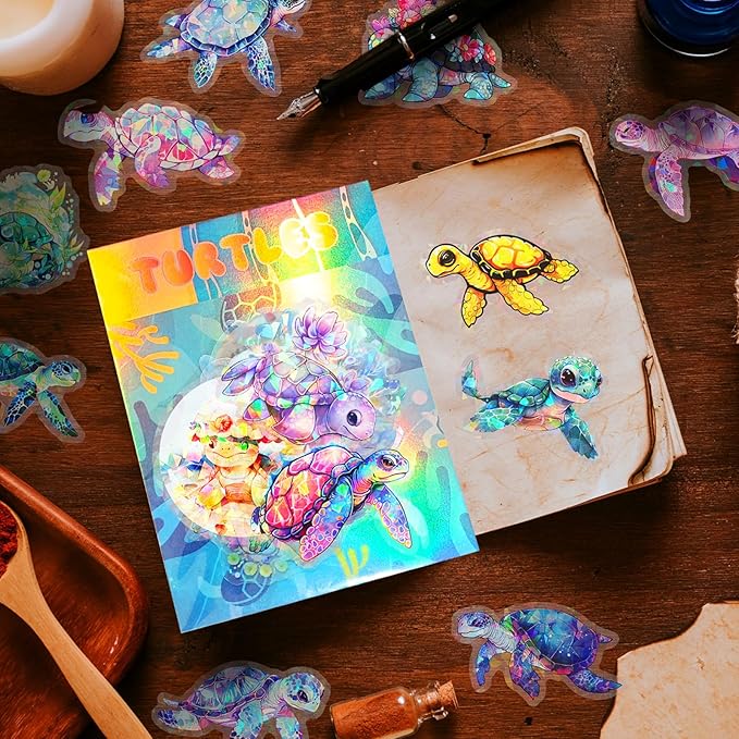 Yoksas Cute Holographic Sea Turtle Stickers - 50Pcs Waterproof Clear Kawaii Shiny Ocean Life Stickers for Scrapbook,Water Bottles,Laptops,Birthday Party Supplies
