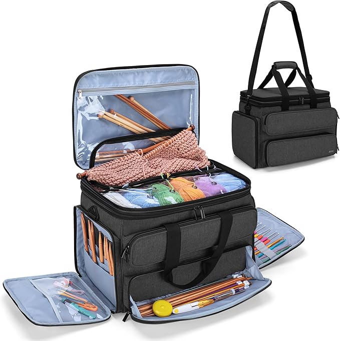 Yarwo Knitting Yarn Bag, Portable Crochet Storage Tote with Double Top Cover and Yarn Holes for Knitting Needles(Up to 14”), Unfinished Projects and Skeins of Yarn, Black
