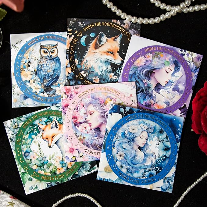 120Pcs Fantasy Moon Flower Scrapbook Stickers - Clear Waterproof Moonlit Floral Forest Fox Owl Stickers for Scrapbooking,Junk Journals,Planner,Art Projects