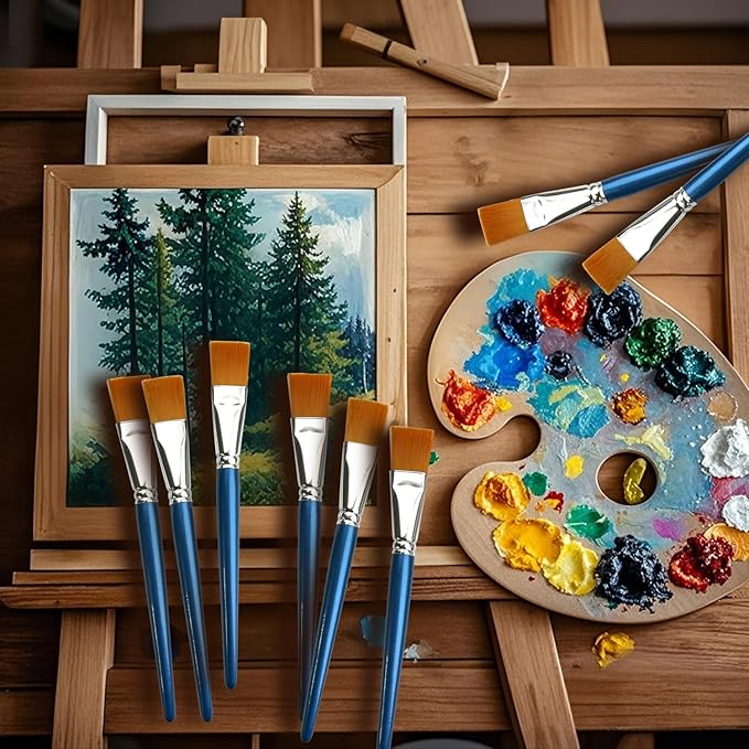 Great Andrew 12 Pieces 1 inch Flat Paint Brushes for Acrylic Painting, Small Paint Brushes with Wooden Handle for Acrylic, Watercolor, Oil, Crafts, Face Body DIY Painting