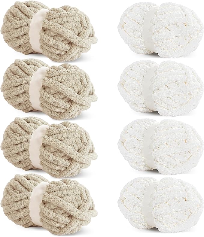 HOMBYS 8 Pack Assorted Chunky Yarn for Crocheting,Super Bulky Large Soft Fluffy Yarn,Plush Fuzzy Yarn,Thick Chenille Yarn for Hand Knitting/Arm Knitting,4 White & 4 Khaki(27yds,8 oz Each Skein)