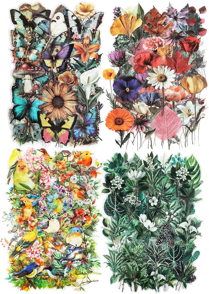 Dizdkizd 200-Piece Vintage Floral Greenery Bird Sticker for Scrapbooking, Journaling, Crafts, Seasonal Nature Scrapbook Sticker Pack, Transparent and Waterproof