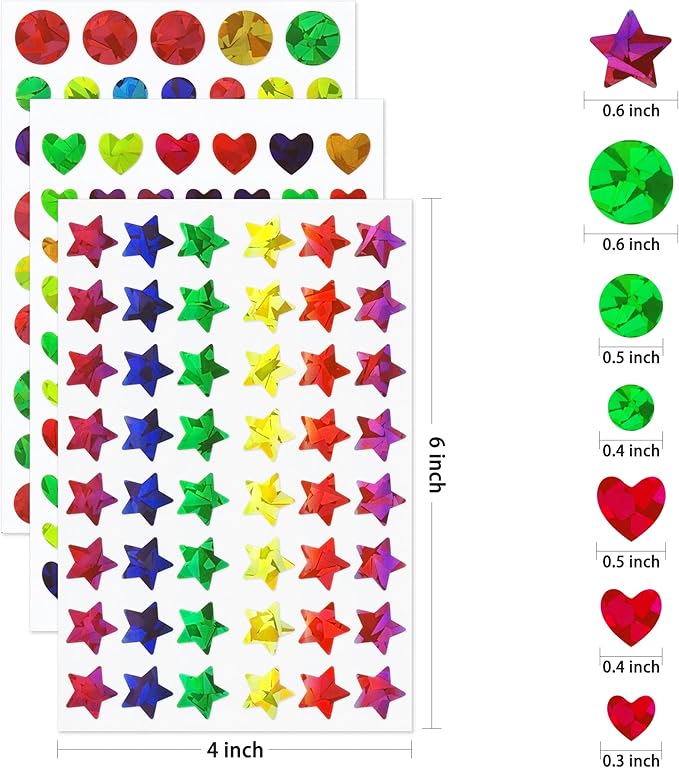 1710 Pcs Holographic Rainbow Stickers Sparkly Small Star Sticker, Varying Sizes Heart and Round Shaped for Kids Reward, Behavior Chart, Student Journal Decoration and School Classroom Teacher