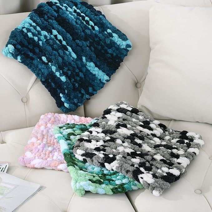 HOMBYS Blue Multi Chunky Chenille Yarn for Hand Knitting,Fluffy Soft Jumbo Yarn Crocheting,Super Bulky Big Yarn for Chunky Blanket,Large Thick Arm Knitting Yarn,8 Pack Plush Yarn