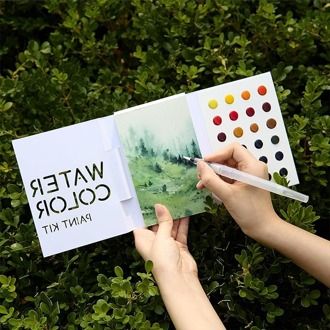 MEEDEN Watercolor Paint Set - 24 Colors Painting Supplies with 10 Watercolor Papers & Brush, Portable Art Paint Kit Perfect as Travel Set for Outdoor Artist