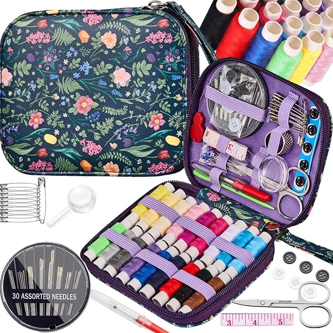 Bobode Sewing Project Kits Mini Sewing Kit Printing Needle and Thread Set (Tulips Pattern Travel Sewing Kit for Adults,Professional Basic Sewing Supplies for Arts Craft DIY,Emergency, Home Beginners)