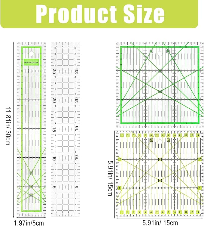 4 Piece Quilting Rulers and Templates Acrylic Square Ruler for Cutting Fabric, Square Quilting Rulers with Non Slip Rings Sewing Quilt Strip Rulers 5.91" × 5.91" 11.81" × 1.97" (Black/Green)