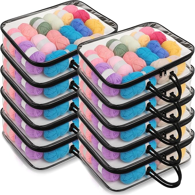 Shinylin 10 Pack Clear Yarn Storage Bags Bulk, 12 x 16 x 4 Inches Yarn Storage Organizer Tote Bag for Knitting Needles Crochet Hooks Wool Balls and Unfinished Project (Black)