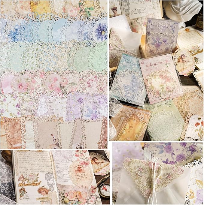 Maxleaf 60Pcs Lace Edged Flower Scrapbook Paper for Letter Writing Vintage Decorative Paper Scrapbooking Supplies DIY Planners Aesthetic Bullet Collage Stationery Paper