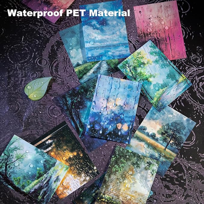 60Pcs Rainy Day PET Stickers, Large Landscape Journal Stickers for Scrapbooking and Planners, Waterproof Craft Supplies