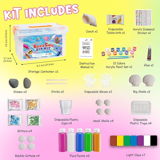 Kiditos Rockin' Rock & Shell Painting- Treasure Painting Kit,Arts and Crafts for Kids 4-12, Kids Painting Set, DIY Arts & Crafts Toys for Boys Girls Birthday Party Activities Gifts