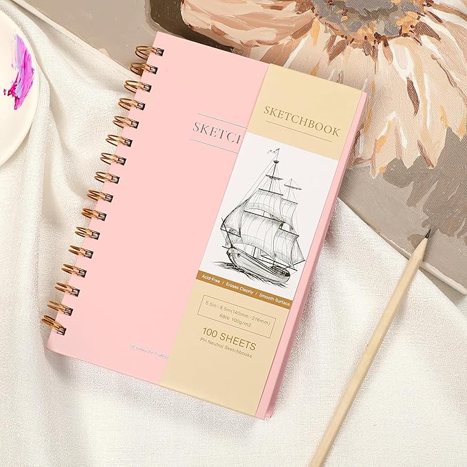 Yoment 5.5" x 8.5" Sketch Book Small Sketchbook for Drawing 100 Sheets Hardcover Spiral Sketch Pad for Kids(68lb/100gsm) Art Sketchbook Drawing Blank Paper Book for Beginner Artist with Pencil Pink