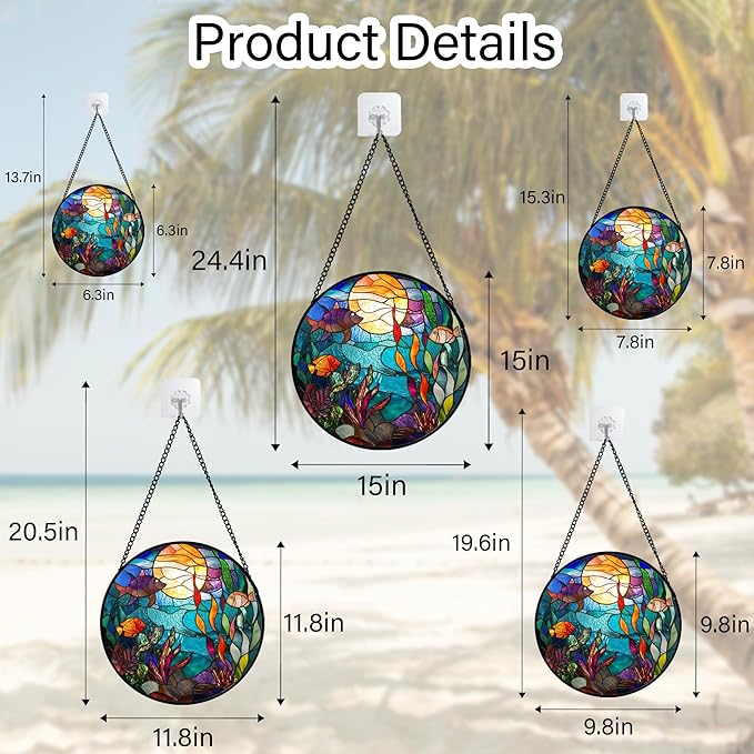 Stained Glass Window Hanging - Blue Ocean World Small Fish Coral Sun Catcher for Door Garden Home Decor Sea Suncatcher Christmas Mother's Day Birthday Gifts for Women Men Mom Nana 6.3 in