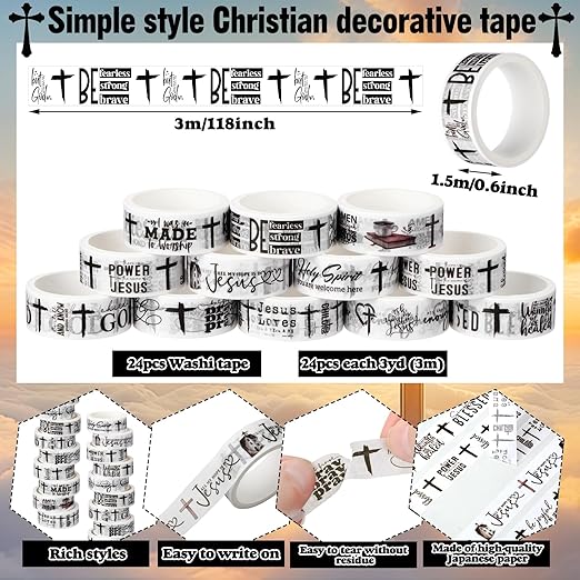 Janlaugh 24 Rolls Christian Washi Tape Gifts Bulk Religious Inspirational Scripture Supplies Blessed Bible Verse Washi Tape for Bible Journaling Study Crafting New Year DIY Gifts