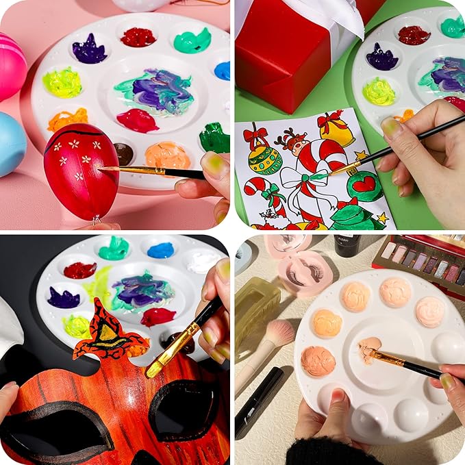 FANDAMEI White Round Paint Tray Palettes, Paint Palette Tray, Plastic Paint Tray Palette, Paint Palettes Paint Pallets with 10 Wells for Adults & Kids, for Painting or DIY Craft Class, 4 PCS