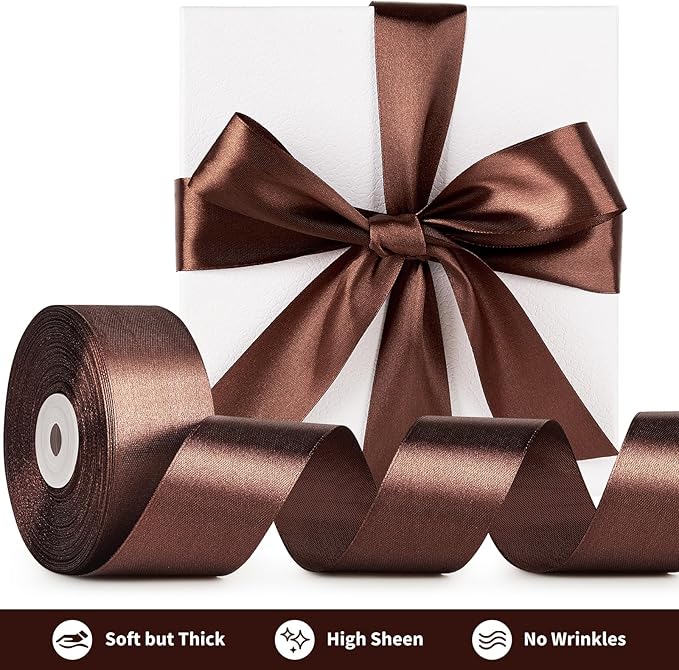 1-1/2 Inch Wide Brown Satin Ribbon, 50 Yards Solid Polyester Fabric Ribbon for Roses Making, Gift Wrapping, Valentine's Day, Wedding Decorations, Crafts, Bows