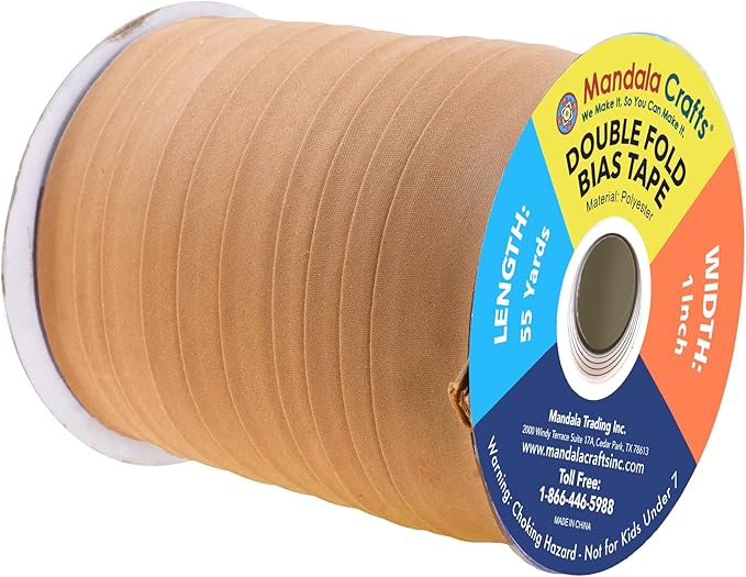 Mandala Crafts 55 Yards 1 Inch Tan Double Fold Bias Tape for Sewing - Bias Binding Tape for Quilting Binding, Hemming, Seam, and Fabric Piping